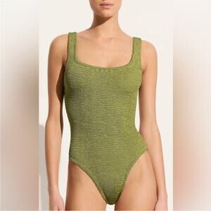 Hunza G Square Neck Metallic Moss Green One-Piece Swimsuit OS